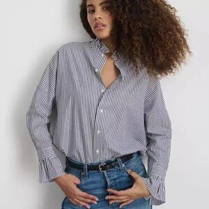 Alex Mills Blue & White Striped Cotton Mock Neck Button Down Ruffle Shirt XL